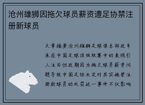 沧州雄狮因拖欠球员薪资遭足协禁注册新球员