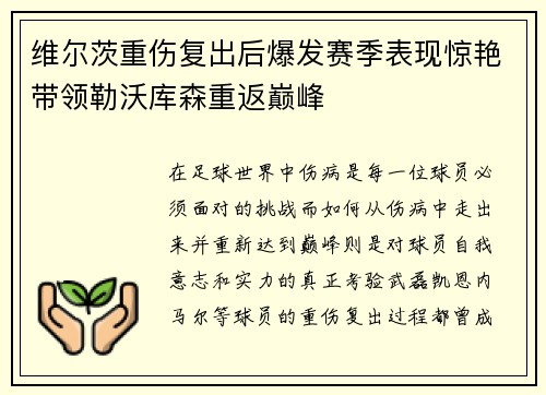 维尔茨重伤复出后爆发赛季表现惊艳带领勒沃库森重返巅峰